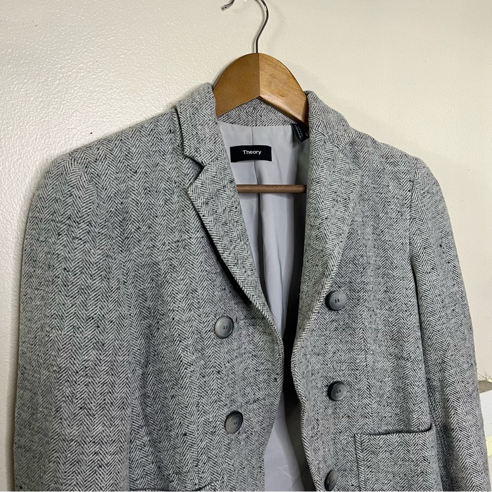 Theory Grey Tweed Textured Blazer Career 2 Structured Herringbone Jacket Office - Picture 2 of 7
